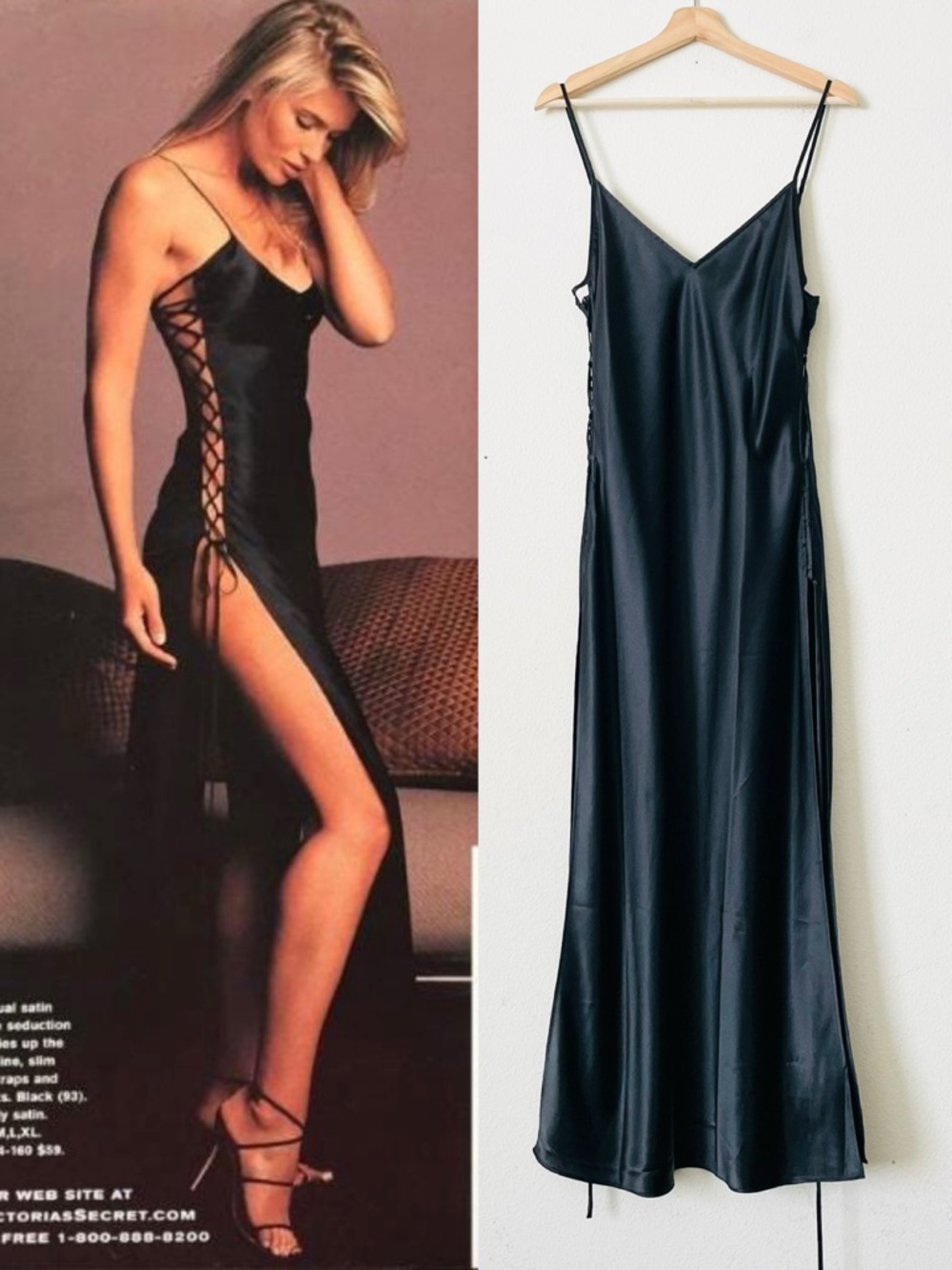 RARE Vintage Victoria’s Secret LARGE satin laceup slit side detail maxi slip